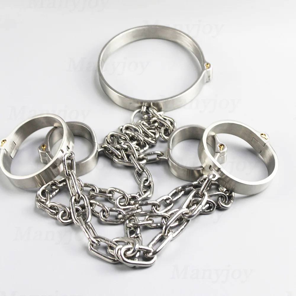 Heavy Stainless Steel Full Body Cuffs  Shackles Neck Collar Handcuffs Ankle Cuffs with Chain Restraint Slave SM Sex Toys