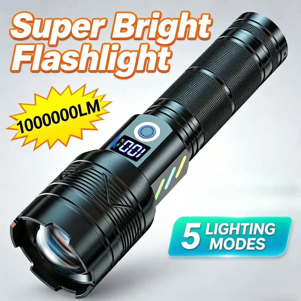 Super Bright LED Flashlight Rechargeable Telescopic Zoom Torch with Digital Power Display for Outdoor Camping Emergency Lighting