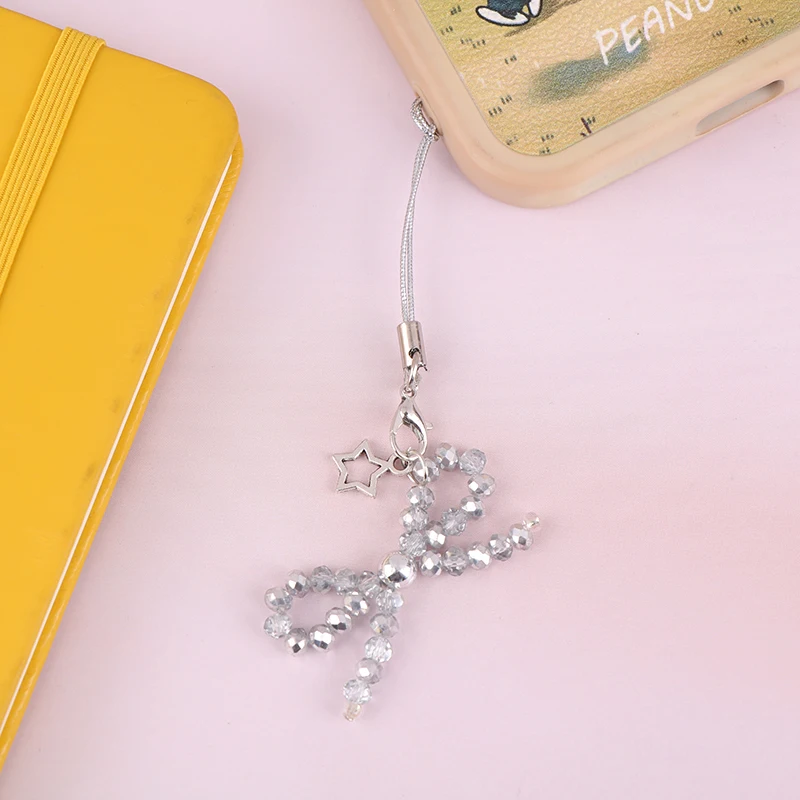 Y2K Korean Crystal Bow Phone Lanyard Bowknot Beaded Mobile Phone Chain Keychain For Girls Sweet Phone Charm