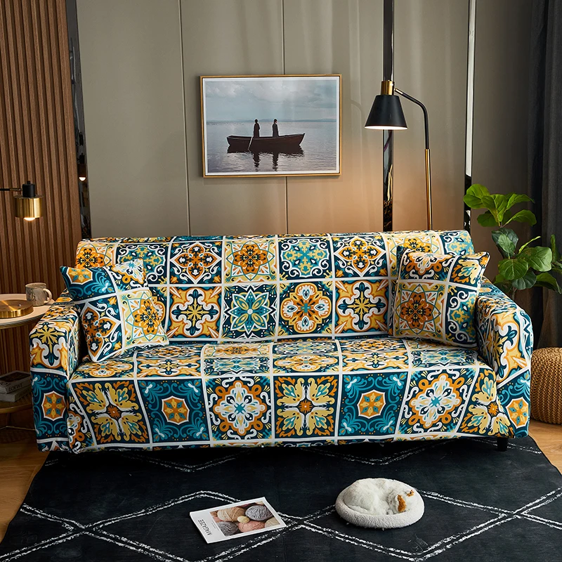 1pc Geometric Printed Milk Silk Sofa Slipcover for Living Room Bedroom Dorm Room Non-Slip Adjustable Sofa Couch Cover Home Decor