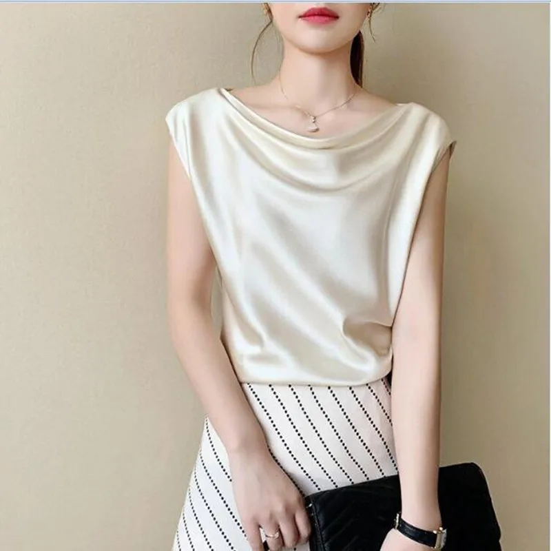 Women's Summer Silk Satin Blouse Sleeveless Elegant White Office Shirt Beautiful Chiffon Swing Collar Top