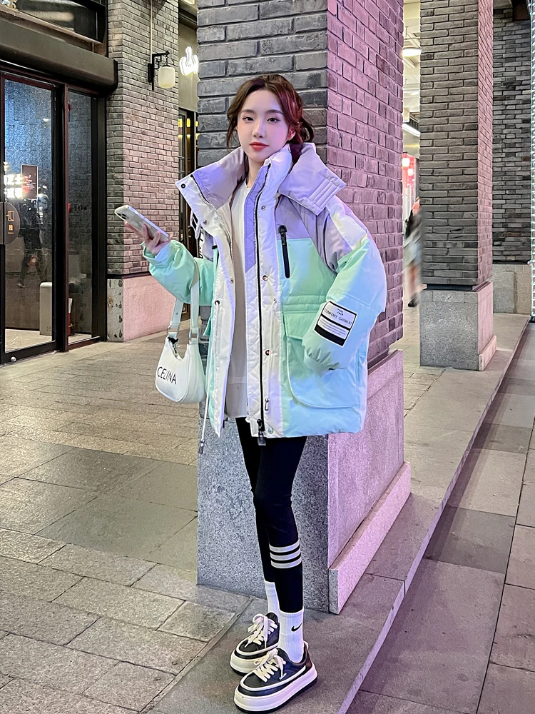 

2023 Winter Tooling Women's Down Jacket Korean Hooded 90% White Duck Down Jacket Long Sleeve Casual Overalls Warm Puffer Coat