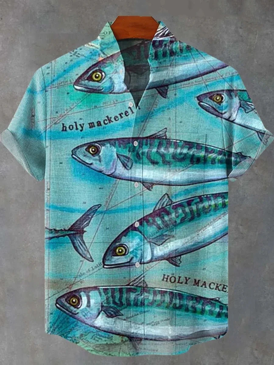 Men's Summer 2025 Retro Fish Pattern Art Shirt Casual Linen Short Sleeve Fishing Enthusiast Clothing Exquisite Style