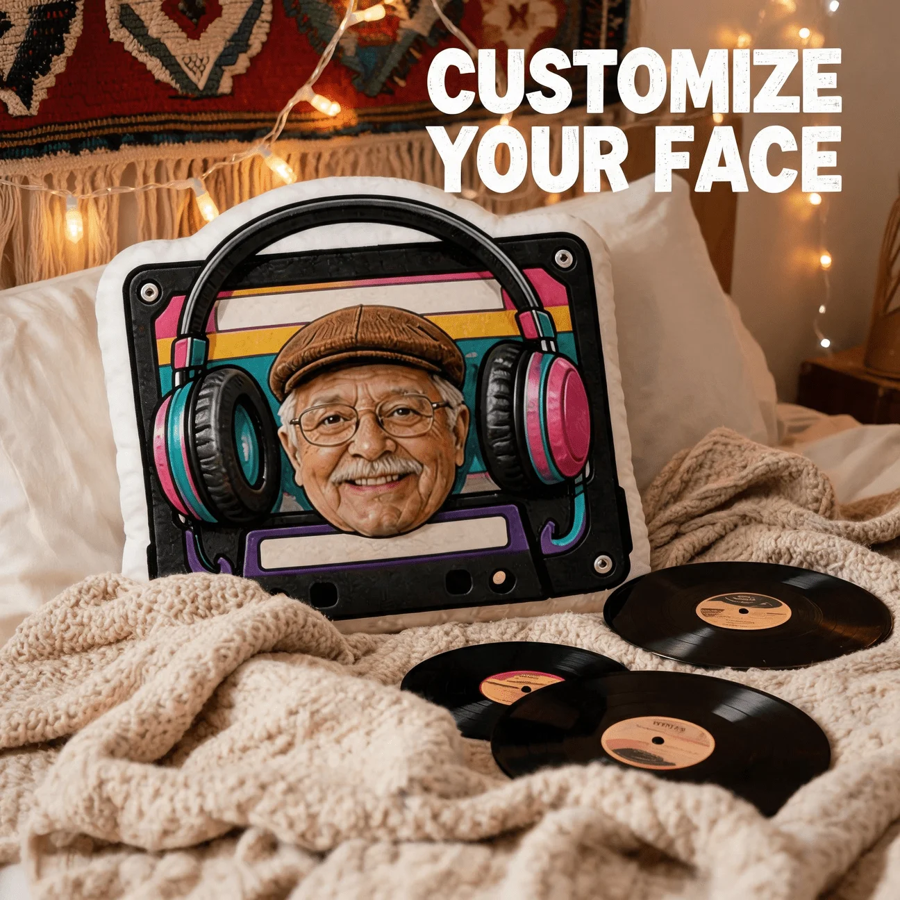 Personalized Boombox Photo Pillow with Custom Face & Headphones/Cap Design - Retro Music Cushion Suitable for Sofa,, Unique Gift
