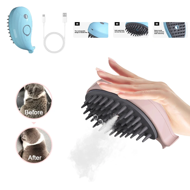 High Quality 3 In 1 Electric Self Cleaning Pet Bath Shower Massage Dog Grooming Comb Spray Shedding Steam Cat Steamy Brush