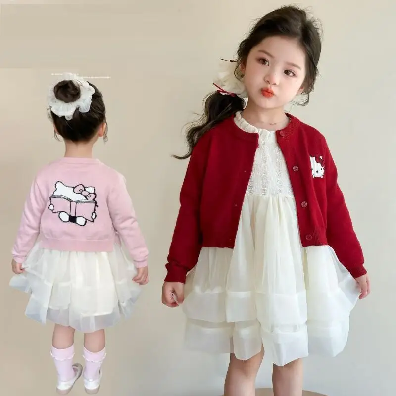 

Платье Sanrio Hello Kitty, комплект из двух предметов, пальто для девочек, свитер, платье принцессы, детская весенне-осенняя модная повседневная одежда с героями мультфильмов Kawaii