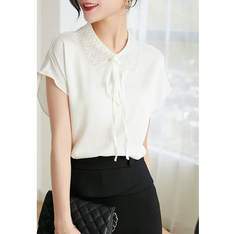 2023 summer new style simple temperament design feeling pin ball collar sleeveless silk shirt