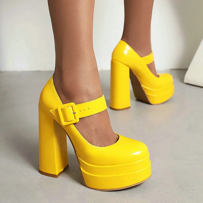 Black Yellow White Green Women High Heel Shoes Platform Square High Heel Ladies Pumps PU Leather Round Toe Buckle Women\'s Shoes