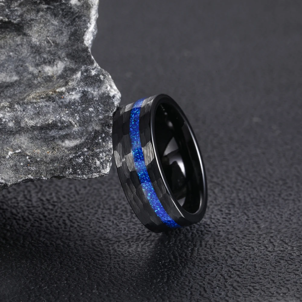 Somen 8mm Hammered Black Tungsten Wedding Band Ring For Men Blue Opal Inlay Promise Engagement Rings Fashion Jewelry Comfort Fit