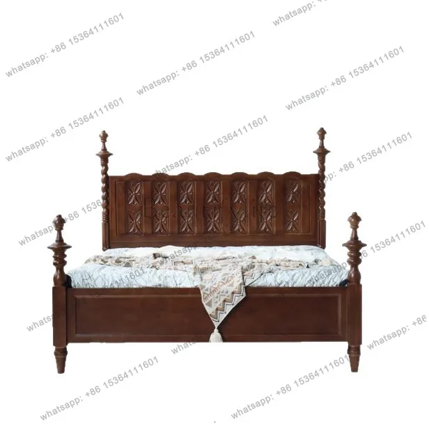 French antique old carved all solid wood bed American twist Roman column wedding bed