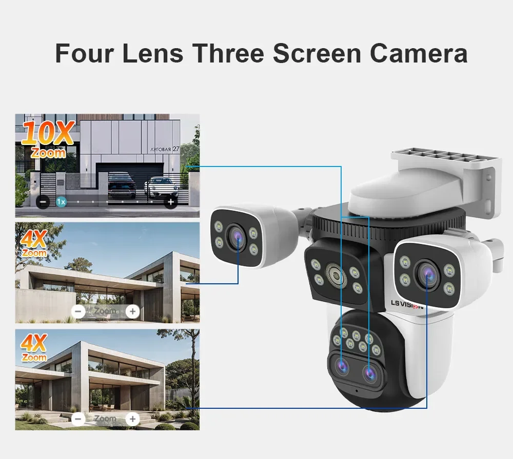 LS VISION Three Screens WiFi Security Camera Outdoor PTZ 10X Optical Zoom Cameras Auto Tracking CCTV Camera Surveillance