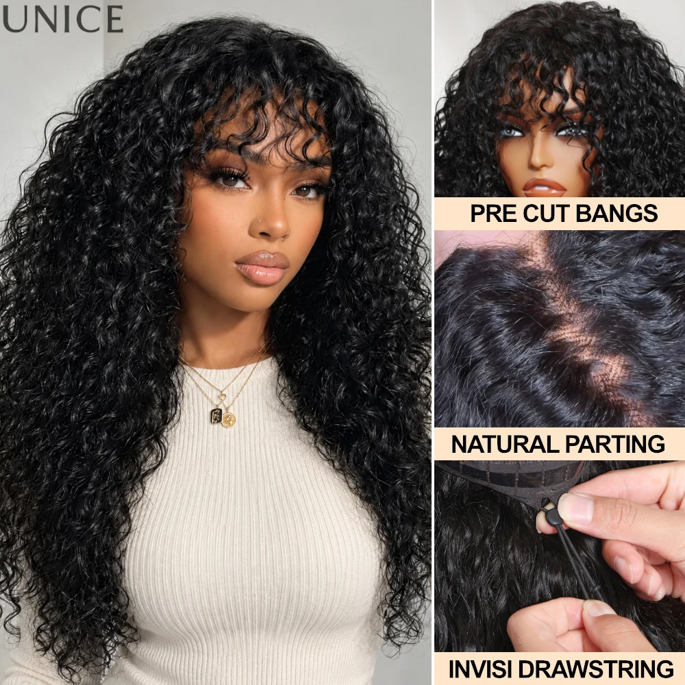 U.S. Local Shipping | UNice Shaggy Curly Wig With Pre-Cut Bangs & Drawstring 4x2 Lace Part Glueless Human Hair Wig 180% Density