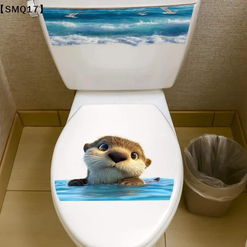 Cute Sea Otter Ocean Wave Toilet Lid Tank Self Adhesive Removable Sticker Waterproof Bathroom Decor Decal【SMQ】