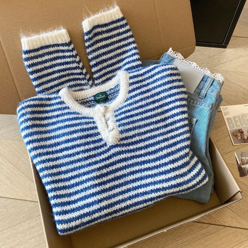 

Women's Sweater O-neck Long Sleeved Red Striped Y2K Elegant Aesthetics Fashion Warm Top Autumn Winter Pullover Casual Sweater