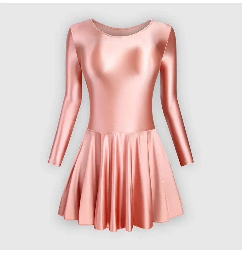 المرأة طويلة الأكمام ضيق مطاطا لامعة حريري فستان رقص اليوغا الصلبة على شكل ممارسة تنورة الجمباز يوتار ملابس السباحة Dancewear