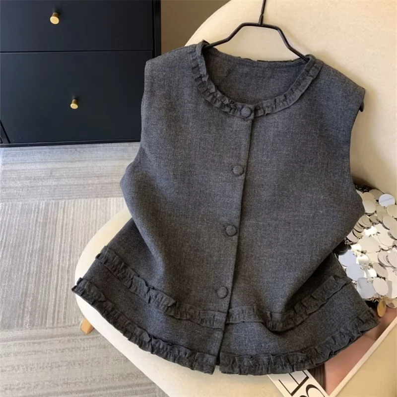 Korean Casual Sleeveless Vest Tops High Quality Ruffles Vest Coats Gray Vest Coat Women's Waistcoat French Style Elegant