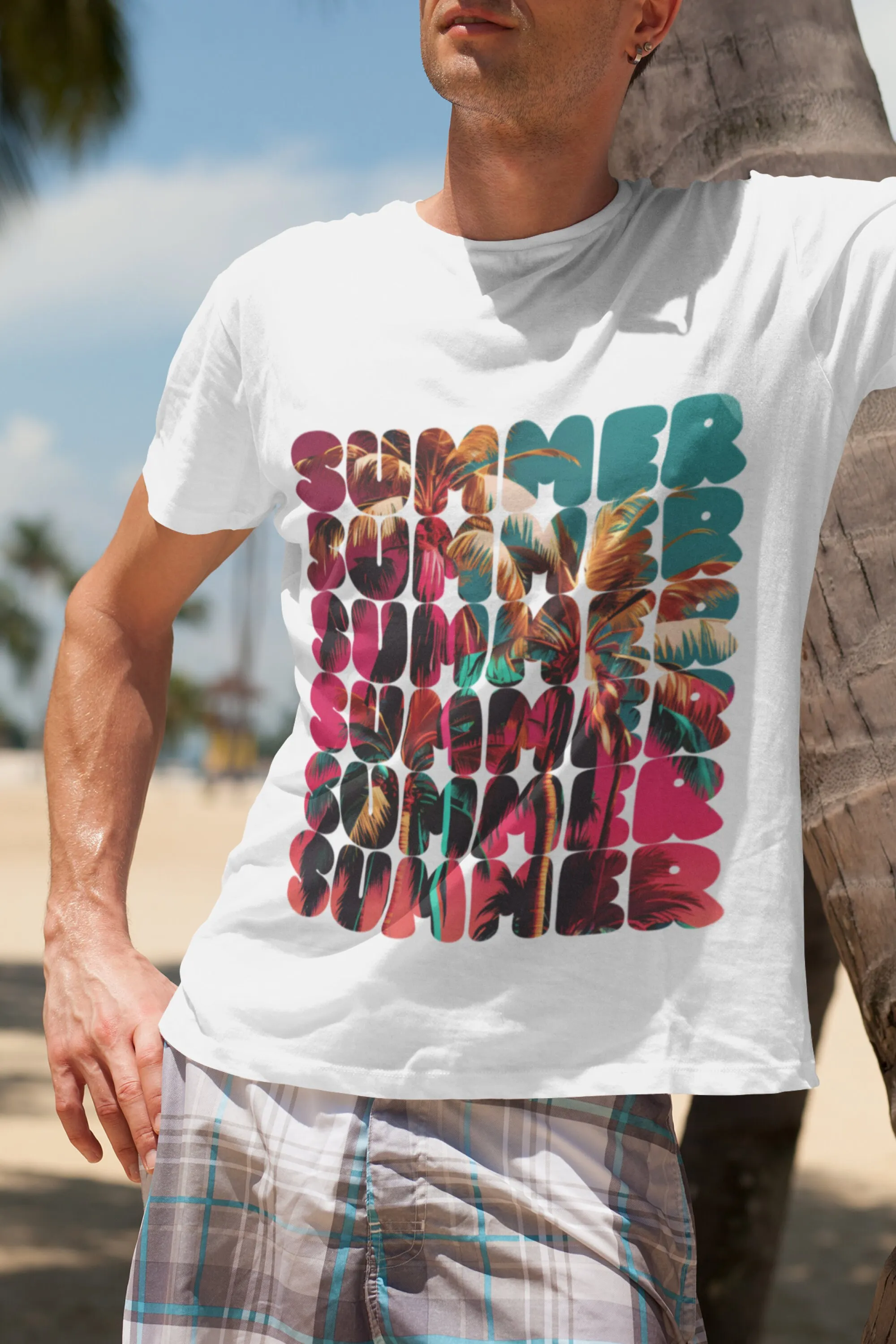Summer palm T Shirt Heavy Cotton Transparent lettering beachwear travel holidays carnival teee great gift