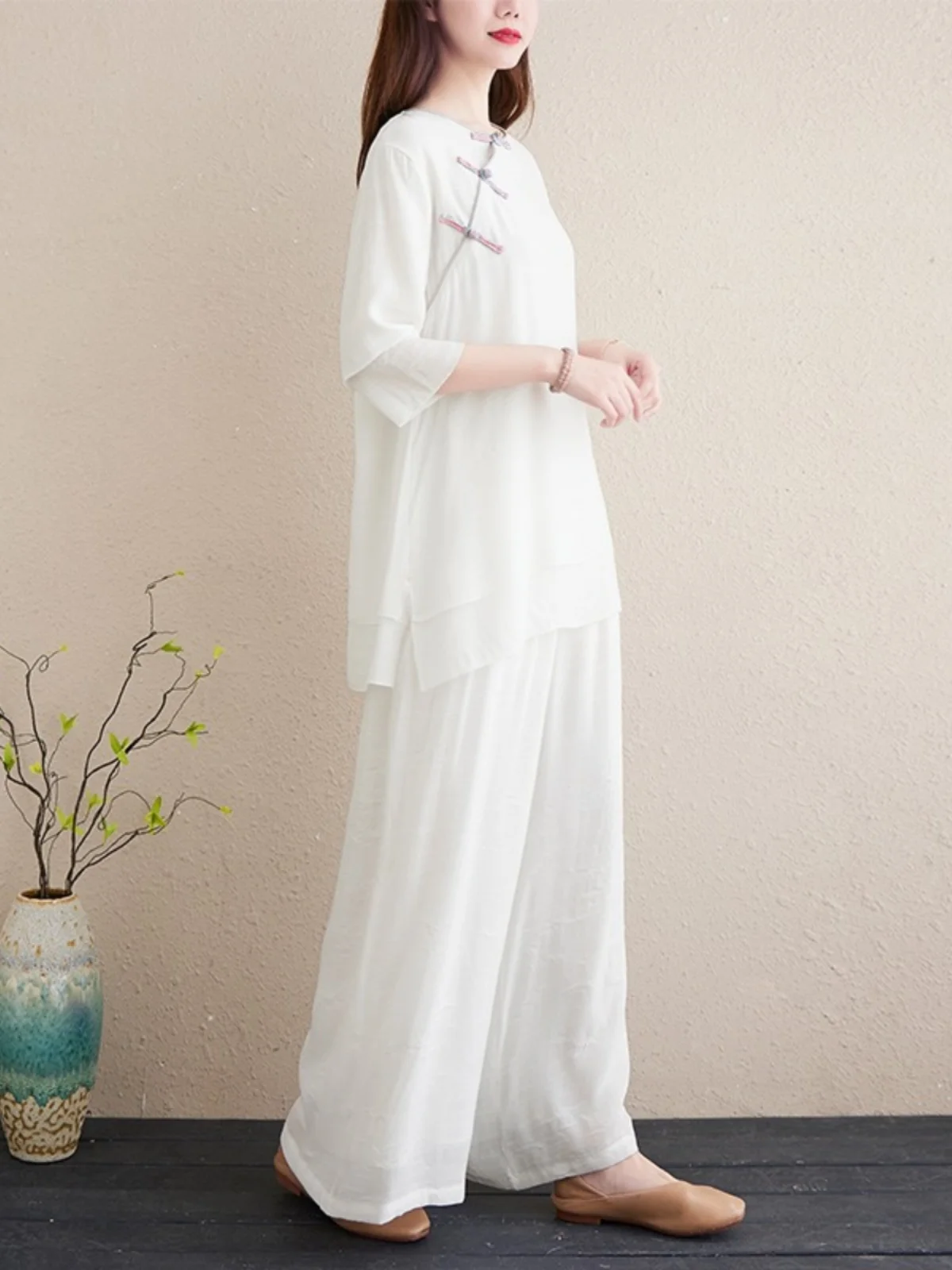 الرجعية القطن الكتان ملابس اليوغا زن دراسة البدلة المرأة الصيف خمر زر الجانب S Zen Sle Layette قطعتين مجموعة #4