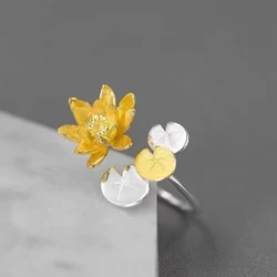 Retro New in Chinese style Ancient gold crafts Lotus flower rings for women Silver 925 Fresh Lotuses Leaf Ring Fine Jewelry