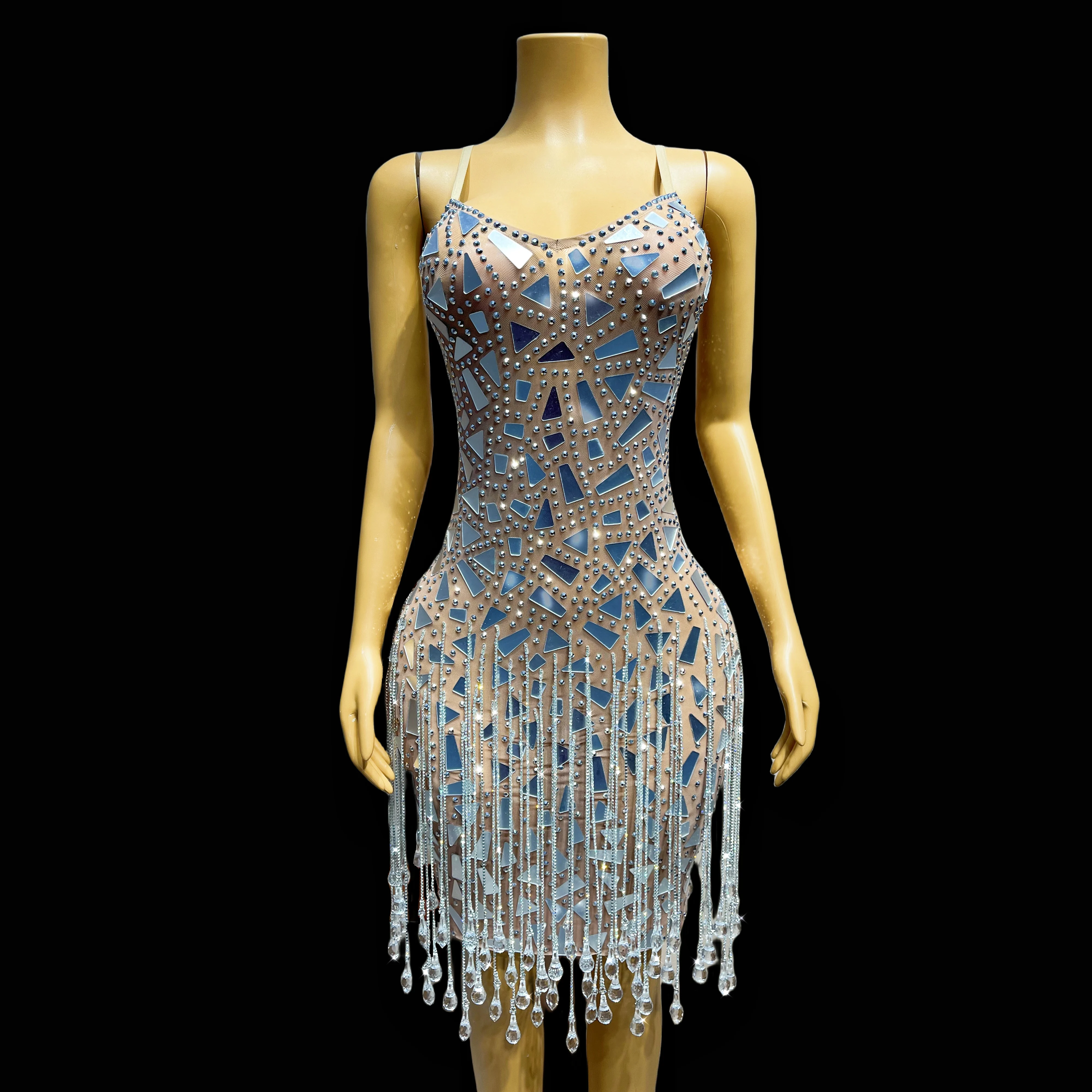 

Silver Blue Mirror Rhinestone Crystal Tassel Dress Sexy Birthday Sexy Singer Show Dress Party Outfit shuimu