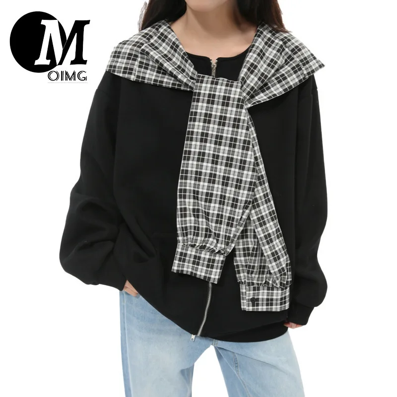 [OIMG] 2025 Autumn New Product Korean Splicing Grid Shawl Fake Two Piece Hooded Cardigan Sweatshirt Trendy