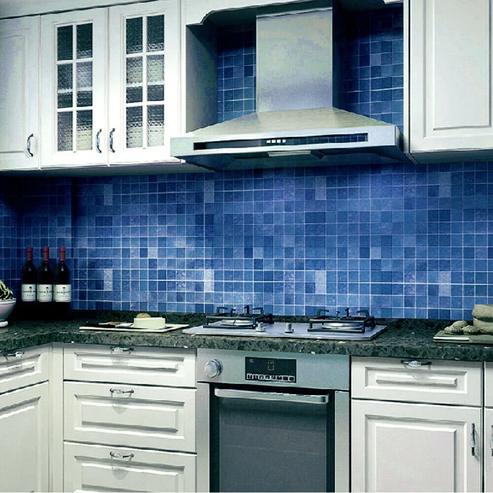Blue Mosaic Self Adhesive Wallpaper Peel and Stick Bathroom Wallpaper Worktop Cover Wall Tile Stickers Kitchen Countertop Decor