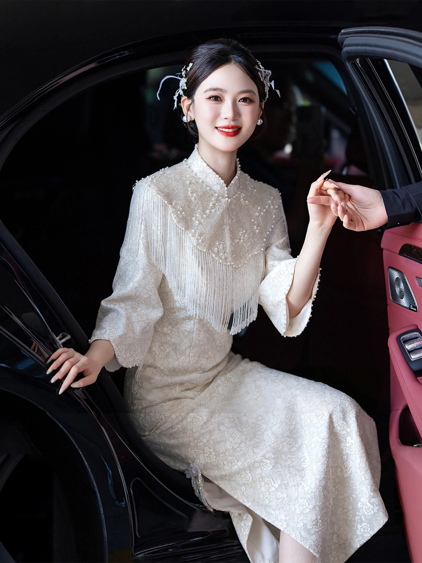 

Элегантное свадебное платье ципао цвета шампанского с длинными рукавами, новое платье в китайском стиле для помолвки, красивое свадебное платье