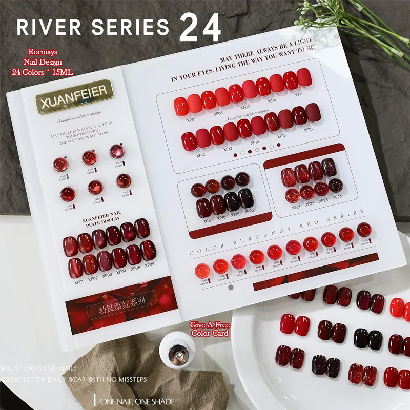24 Colors Burgundy Red Nail Gel Polish Set Wine Red Cat Eye Glitter UV Gel Varnish Long Lasting Soak Off Nail Art Lacquer Kit