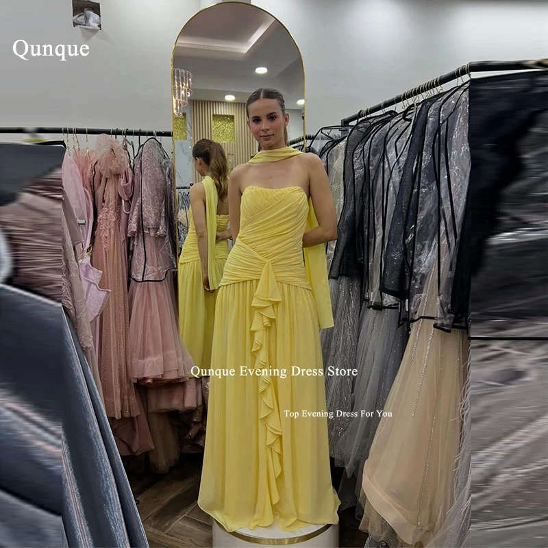 

Qunque Women's Evening Dresses Yellow Chiffon Pleated Vestido Madrinhas Casamento Elegant Ruffles Robes De Soirée Customized