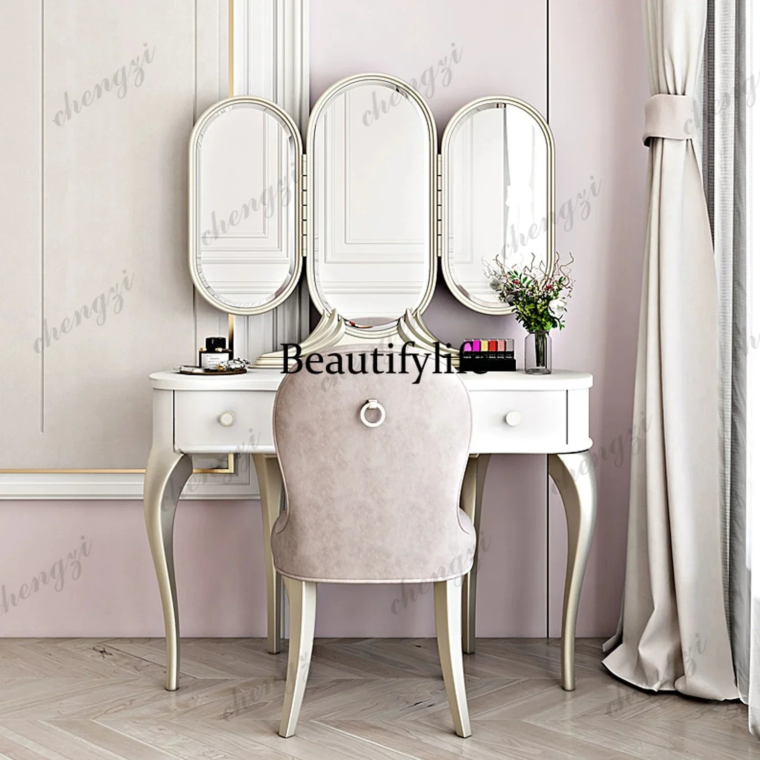 AB03  American light luxury dresser bedroom household solid wood dressing table white paint window dressing table