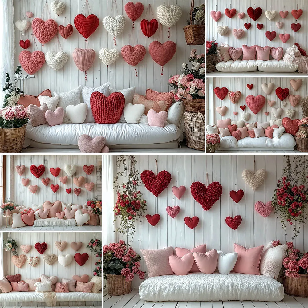 Valentine's Day Photography Background Cute Toy Bears Sofa Cushion Decoration Backdrop Couple Portrait Photo Studio Props Banner