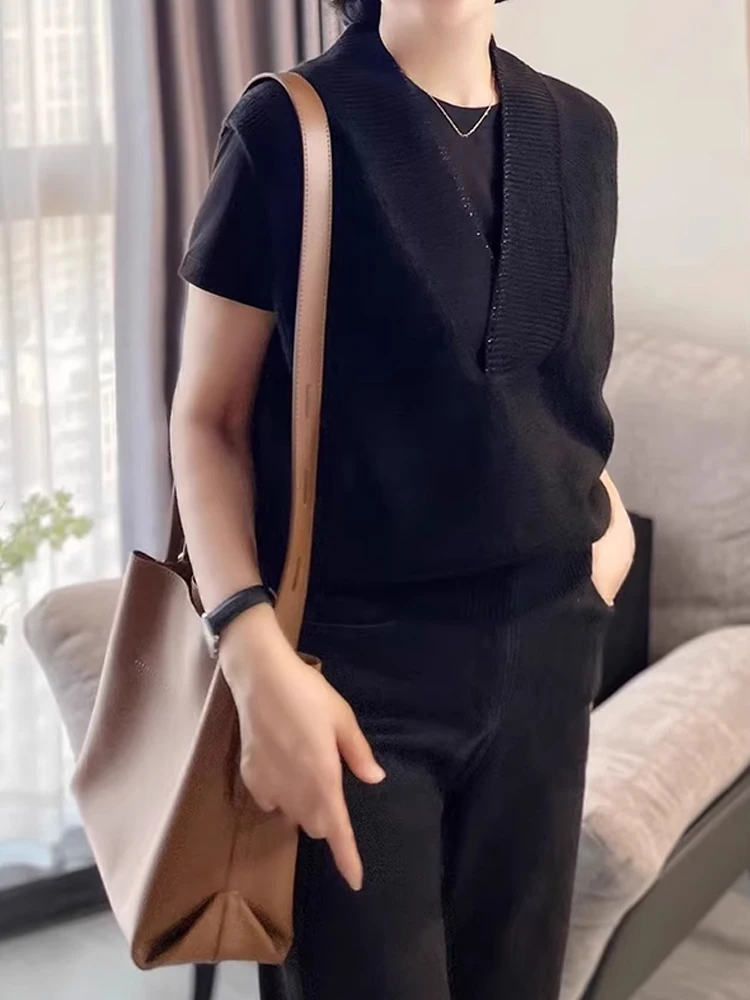 

Однотонный трикотажный топ с V-образным вырезом, повседневный, облегающий, комфортный, для многослойных образов, женский