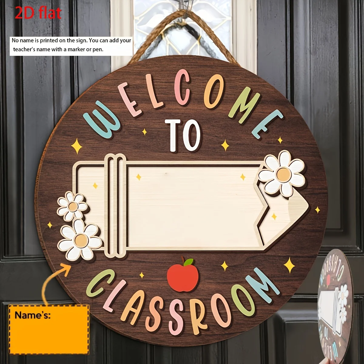 2D Flat - [School Welcome] Teacher Nameplate - Welcome to The Classroom, Retro Wooden Pencil And Floral Design, Ideal Back-To-Sc
