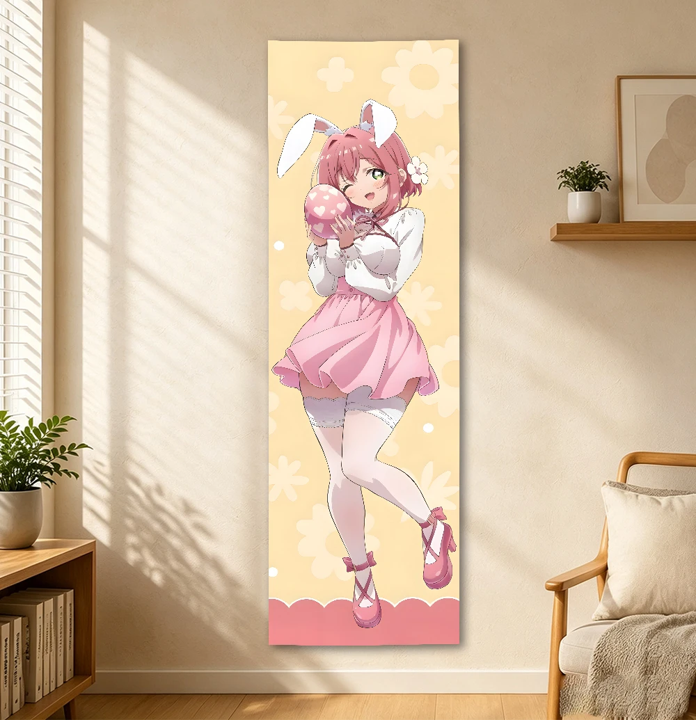 Hakari Hanazono Long Vertical Tapestry, Bunny Ear Sweet Anime Girl Wall Hanging for Doorway Girly Bedroom Dorm Narrow Wall Decor