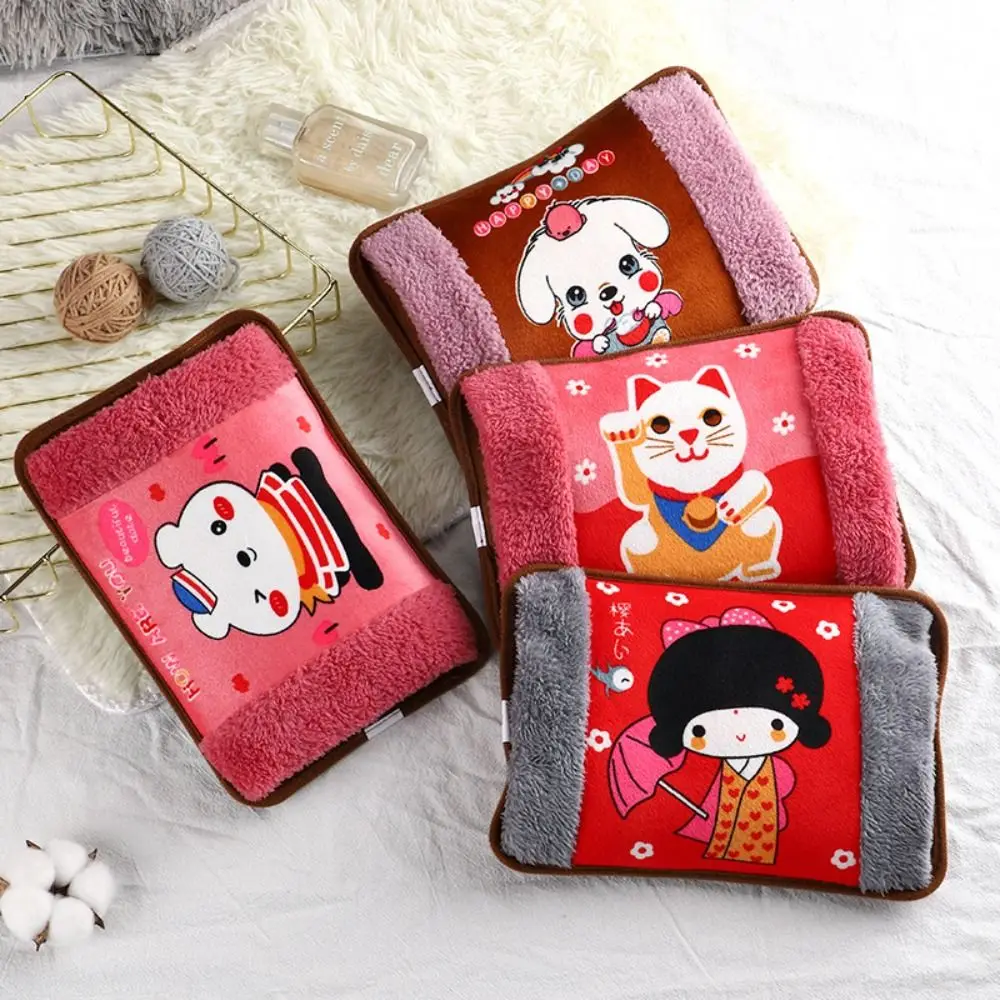 Flannelette Electric Hot Water Bottle Cartoon Pattern EU Plug Winter Heated Bag Explosion-Proof Random Color Hand Warmer