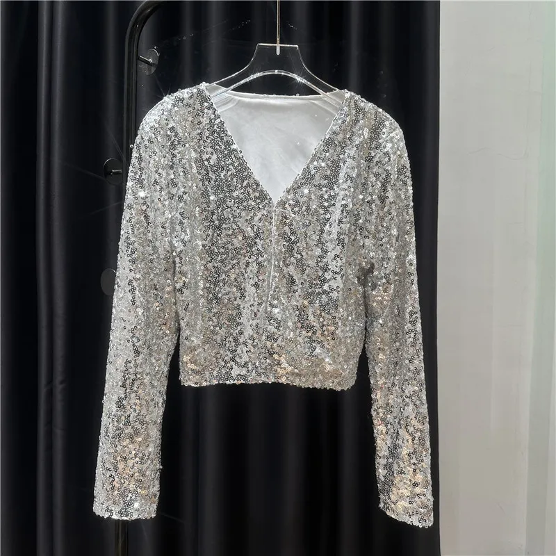 

Womens Shiny Sequin Long Sleeve Cropped Blazer Bolero Shrug V-Neck Sequined Cardigan Jacket Slim Short Coat Tops Casual Female
