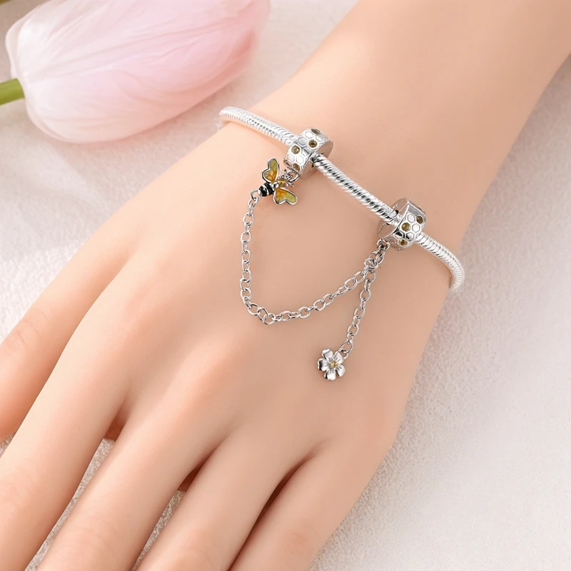 925 sterling silver bee honeycomb fixed clip safety chain beads compatible with original necklace bracelet DIY gift for ladies view 2