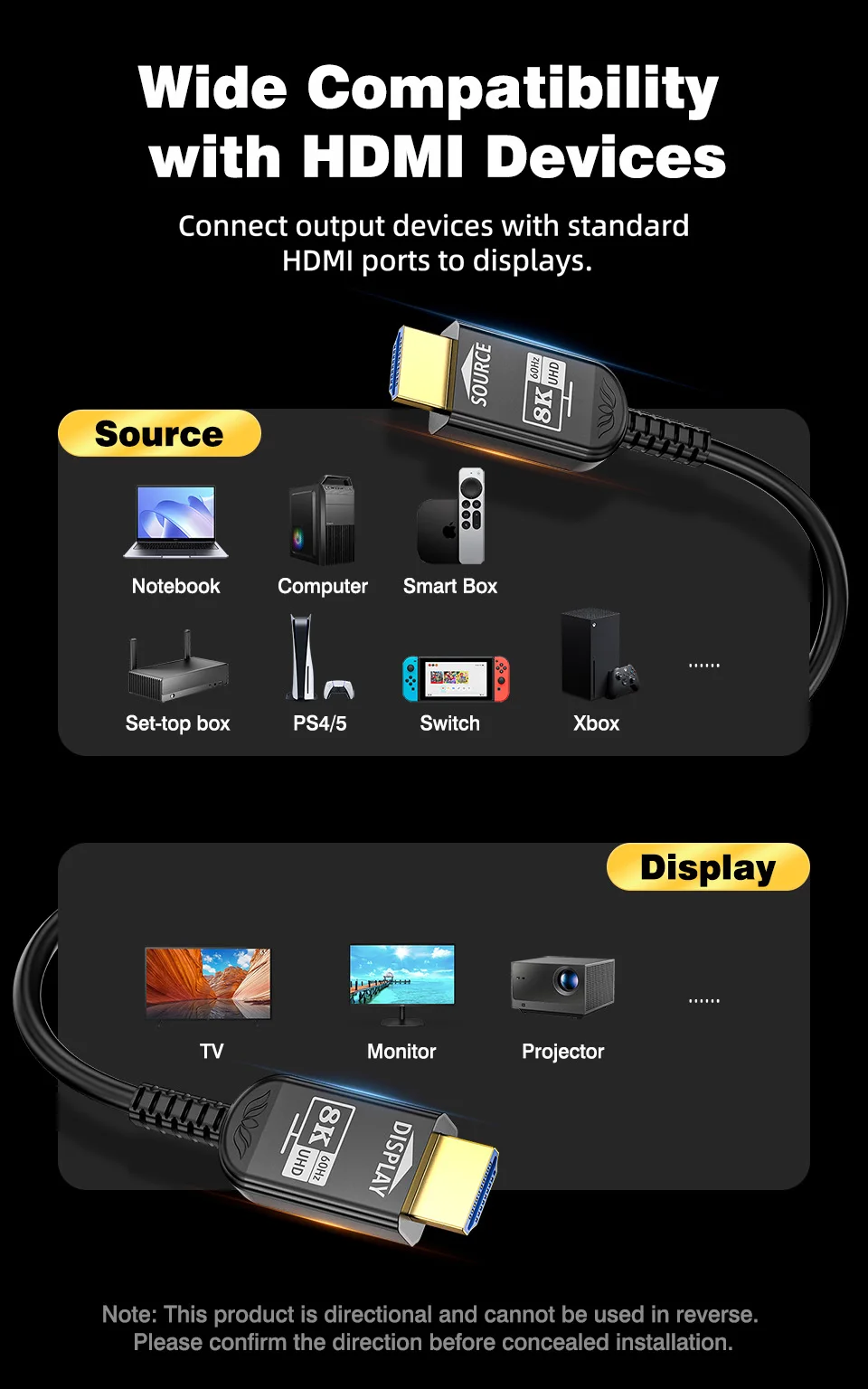 UGOURD Glasfaser HDMI 2.1 Kabel Aktives Optisches AOC HDMI-über-Glasfaser-Kabel 8K60Hz 4K 120Hz Lange Distanz 7,5m - 20m 30m 50m 100m – Detail 13