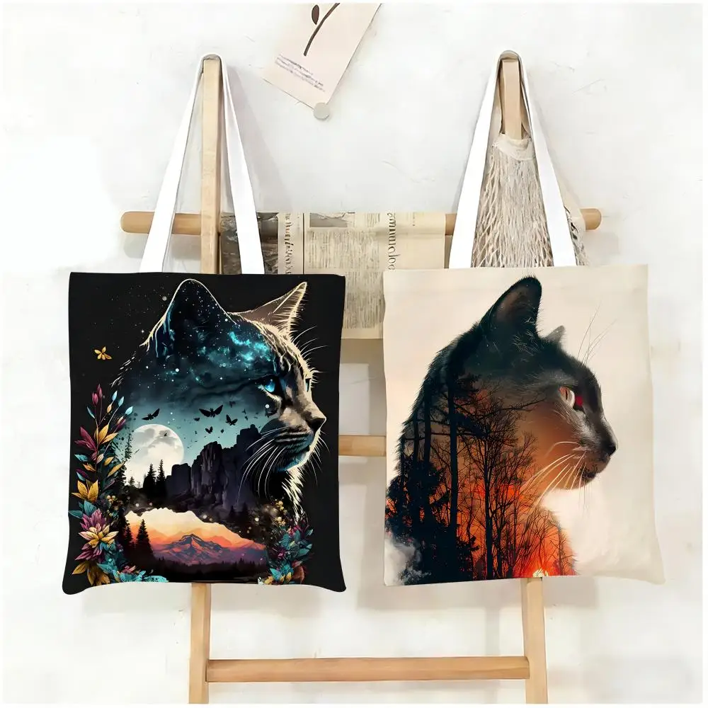 Cat And Mountain Landscape Storage Bags Canvas Double-Sided Print Tote Bag Large Capacity Shoulder Fashion Shopping Handbag