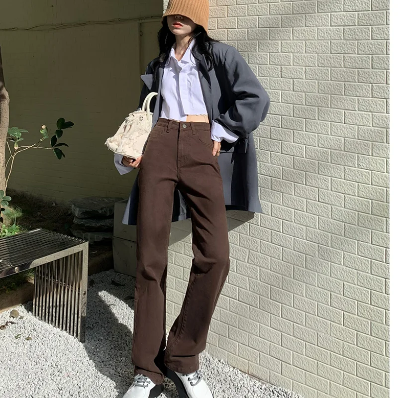 

Women's Korean Straight Tube Coffee Colored Jeans with A High Waisted and Baggy Long Smoke Pipe Pants Elastic Floor Mop Pants