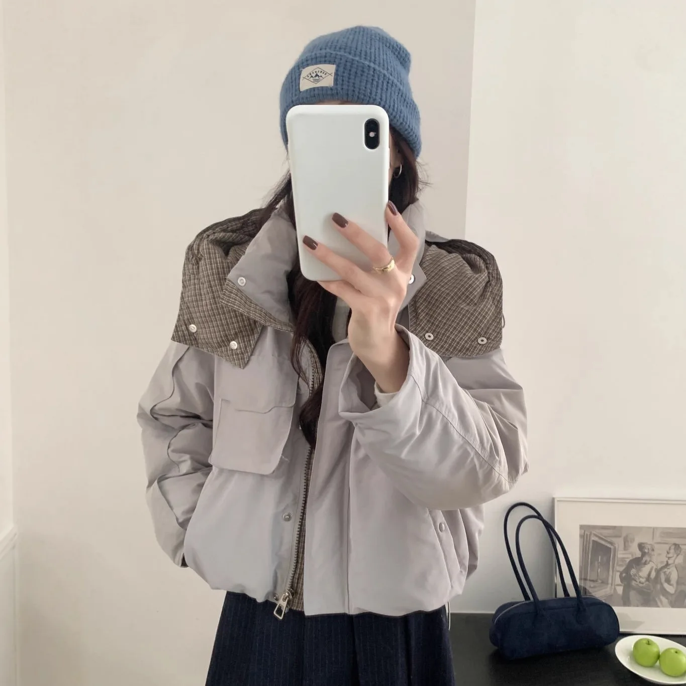 Winter New Women's Down Jacket Commuter Splicing Grid Short Workwear Hoodie Jacket