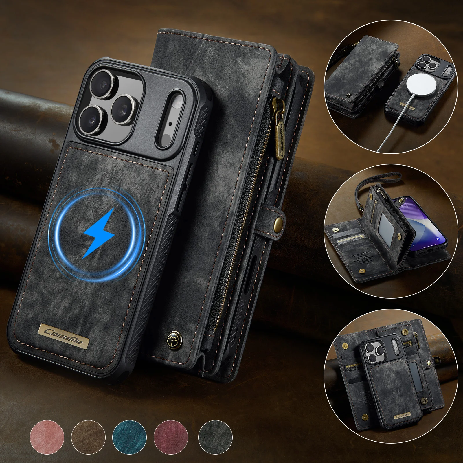 CaseMe-008 Wallet Case For iPhone Air/ 17 Pro Max/17 Pro, Zipper Leather Magnetic 2 in 1 Cover Shockproof Protector Skins +Strap