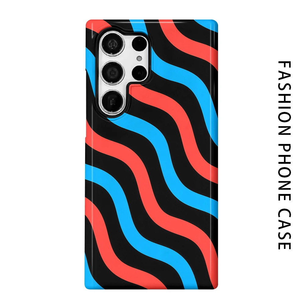 Red Blue Wavy Phone Case for For Samsung Galaxy S26 S25 S24 S23 S20 FE A56 A36 Ultra Glossy HD Hard Cover Film Shell