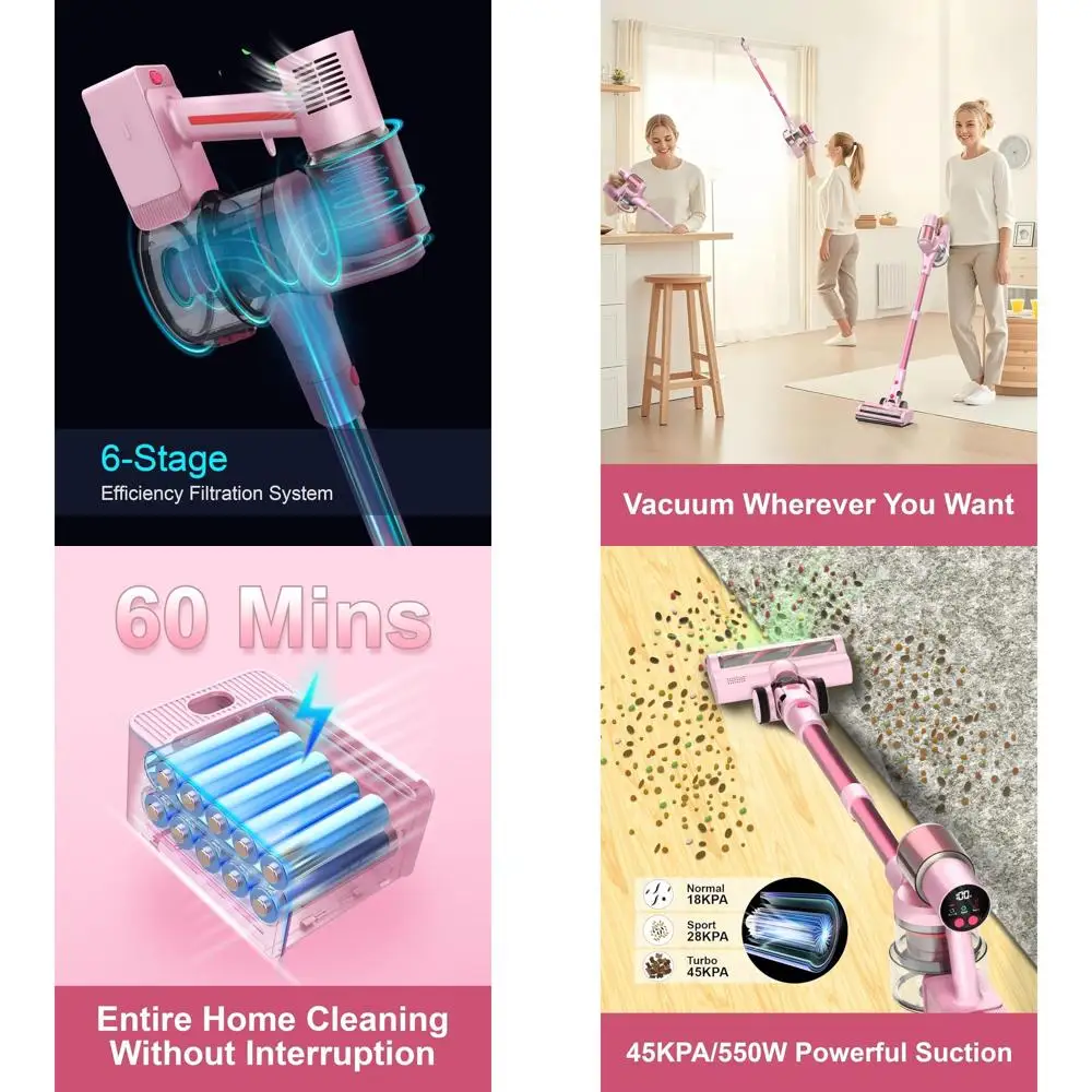 

High-Power 550W 45KPA Turbo Suction Vacuum Cleaner with 60-Minute Runtime, LED Display, Anti-Brush, Ideal for Hardwood Floors, C