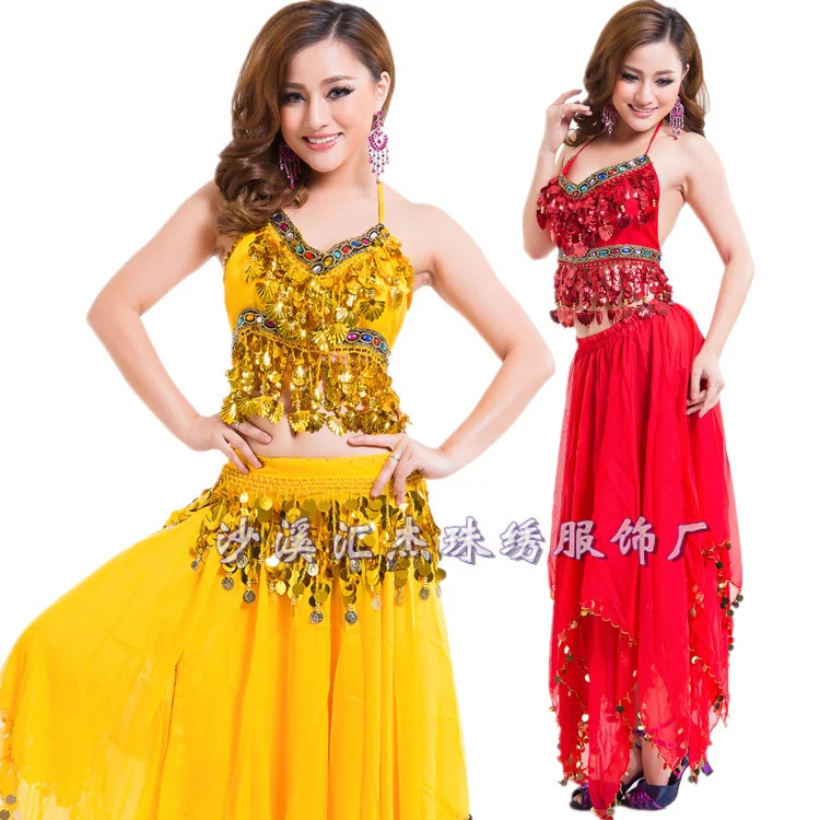 Indian Dance Costume Belly Dance Veil Top Coins Hip Scarf Skirt Bollywood Dance Dress Stage Performace Clothes