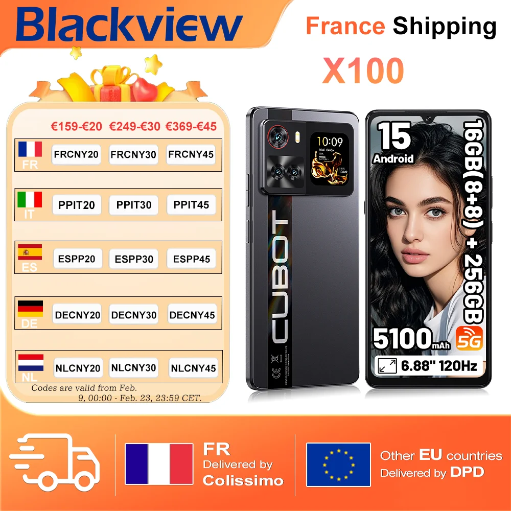 Cubot X100 16GB(8 + 8) RAM + 256GB ROM 64MP caméra 5100mAh Android 15 dimension 7025 5G Smartphone 6.88 "120Hz 33W NFC téléphone portable