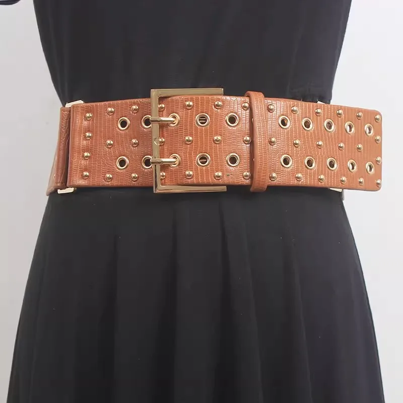 Women's Runway Fashion Rivet Elastic PU Leather Cummerbunds Female Dress Corsets Waistband Belts Decoration Wide Belt R155