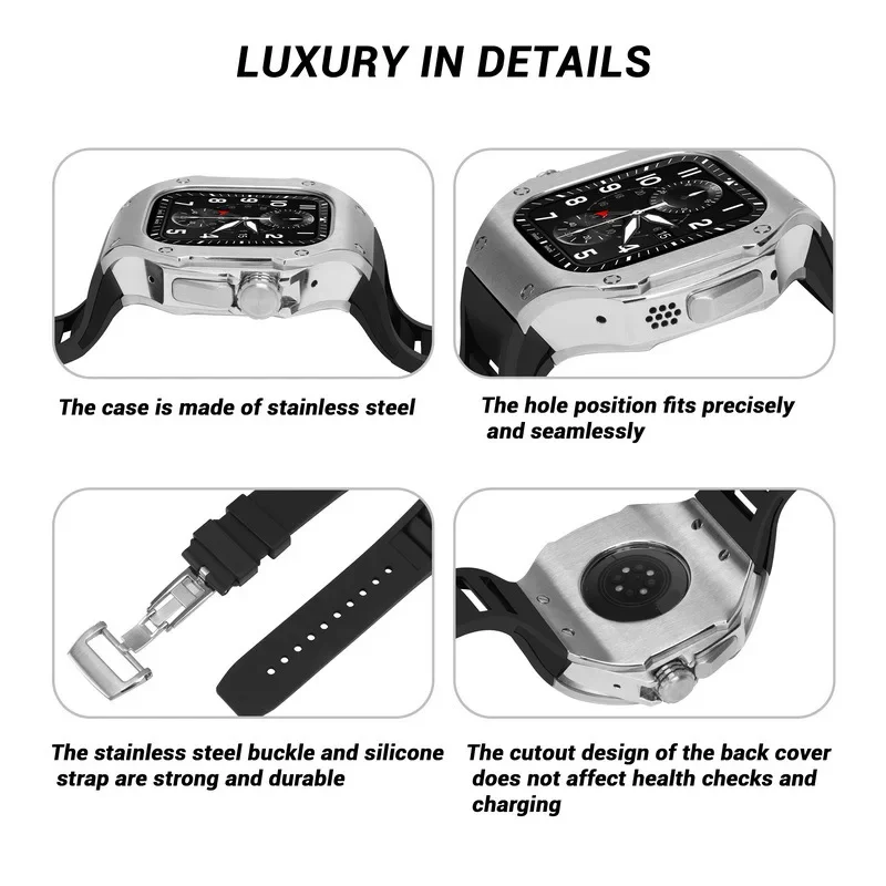 Luxury Stainless Steel Case Modification Kit for Apple Watch Ultra 1 2 Rubber Band IWatch Series 8 49mm Sport Bracelet Refit Mod