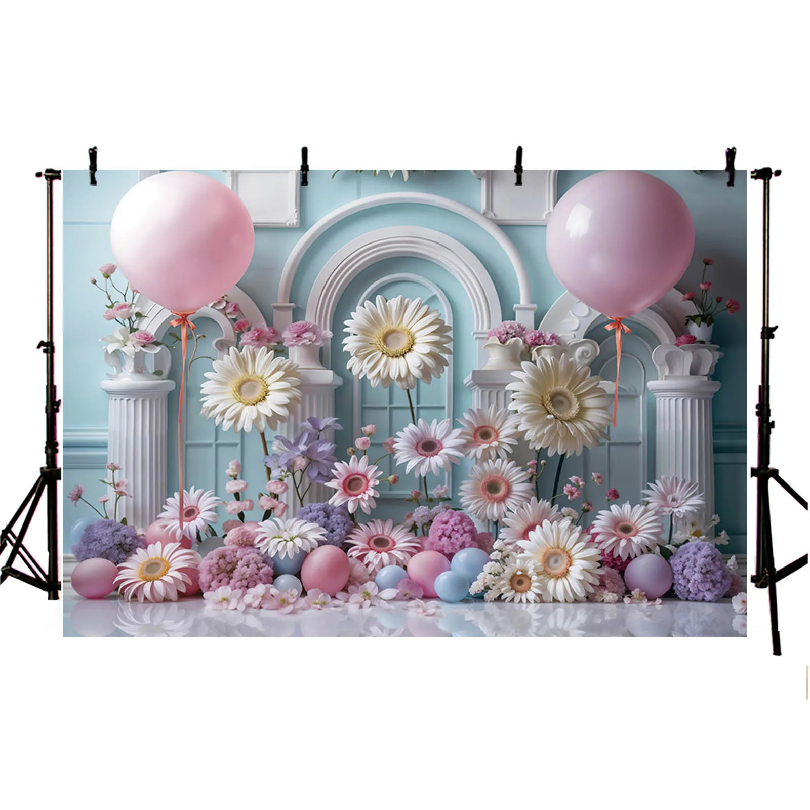 Chamomile Daisy Photography Background Castle Arch Door Wall Portrait Backdrop Balloons Girls Birthday Cake Smash Party Decor