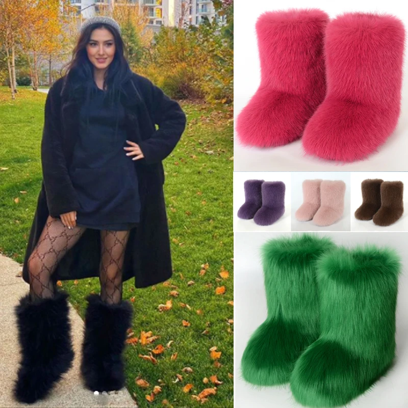 

2025 женские зимние теплые зимние ботинки с имитацией лисы на средней подошве, модные ботинки из искусственного меха енота, женские пушистые ботинки